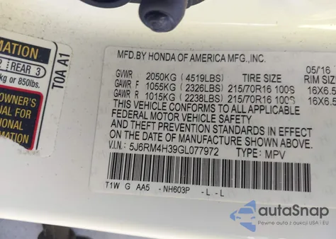 2016 Honda Cr-V Lx z USA, uszkodzony, nr VIN 5J6RM4H39GL077972